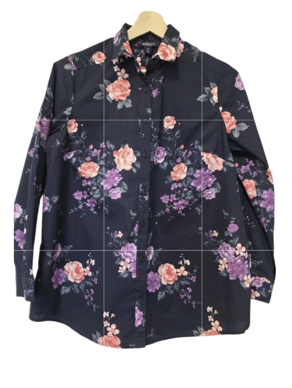 Roaman's women's floral print button front tunic Blouse Plus Size 14W Navy Blue